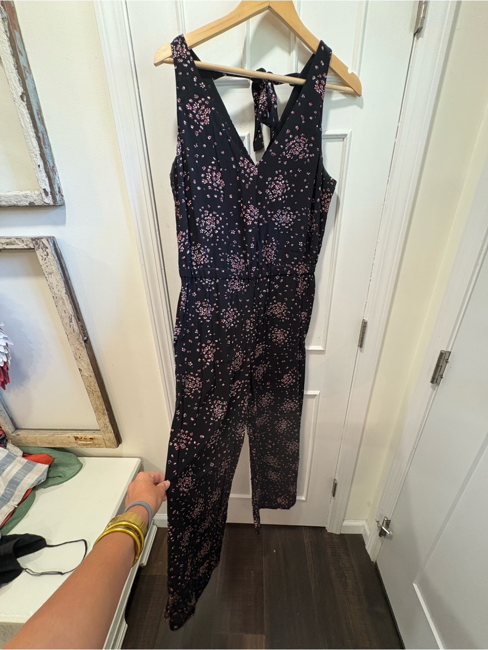 LOFT Black Jumpsuit with Pink Floral Print and Back Tie
